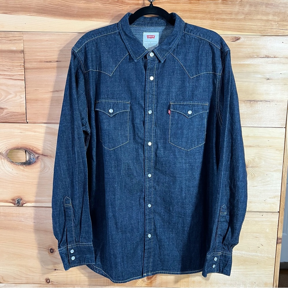 Levi's Classic Barstow Western Dark Blue Pearl Snap Denim Shirt Cowboy Size L - Picture 3 of 7